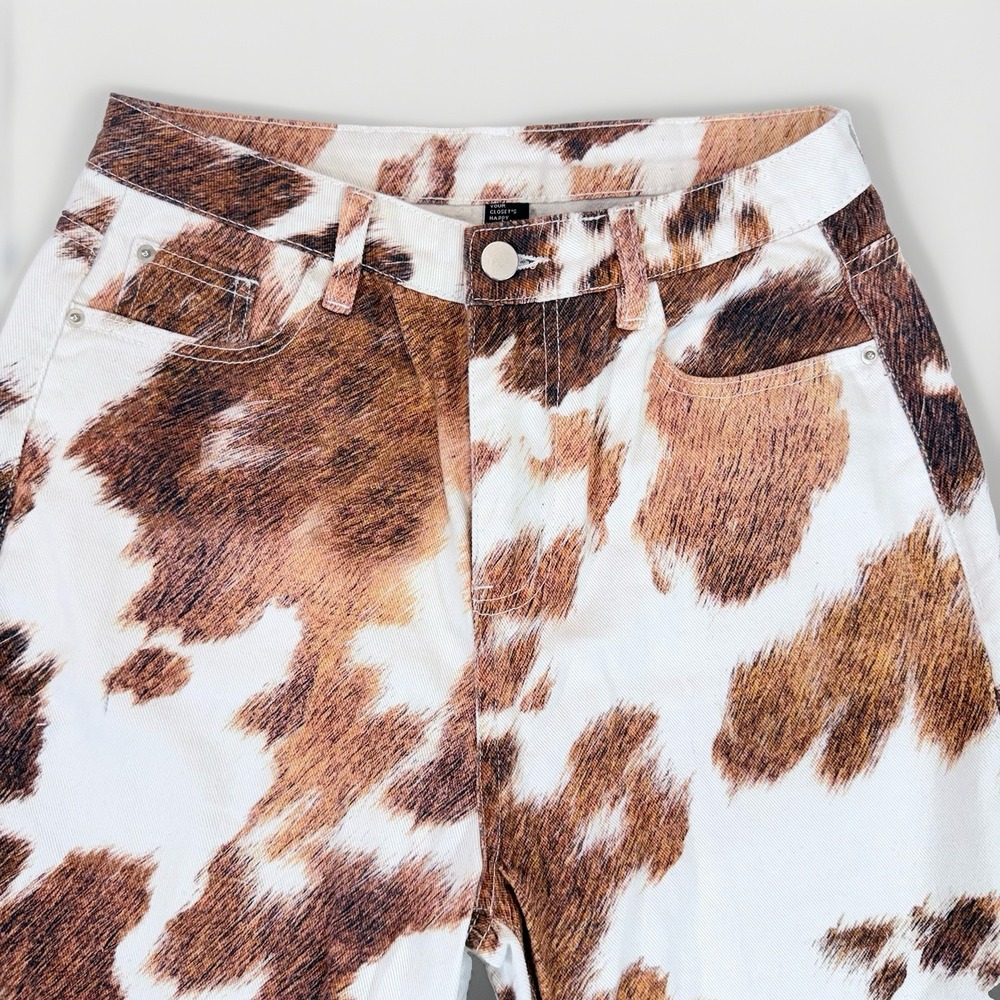 Cider Cow Print Jeans Women M Brown White High Rise Wide Leg Western Y2K Ranch - Picture 2 of 10